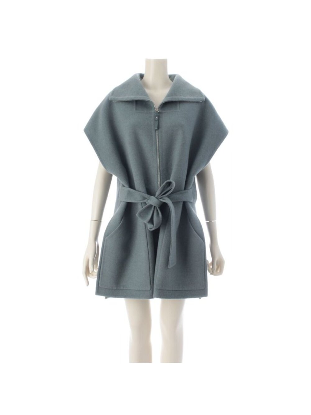 Hermes Cashmere Long Gilet with Belt Zip Up Coat Blue Green Vest 38